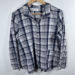 Habitat Clothes to Live In Womens Button Up Shirt Sz S Plaid Crinkle Cotton Blue